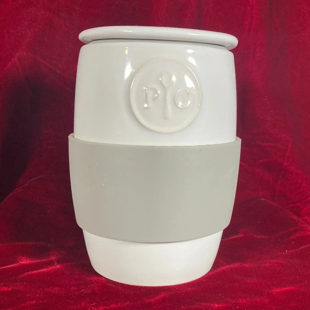 Pampered Chef Ceramic Egg Cooker White with Gray Silicone Sleeve 1529